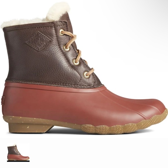 Red/tan Sperry Women's Saltwater Winter Luxe Duck Boot genuine leather - Picture 3 of 8